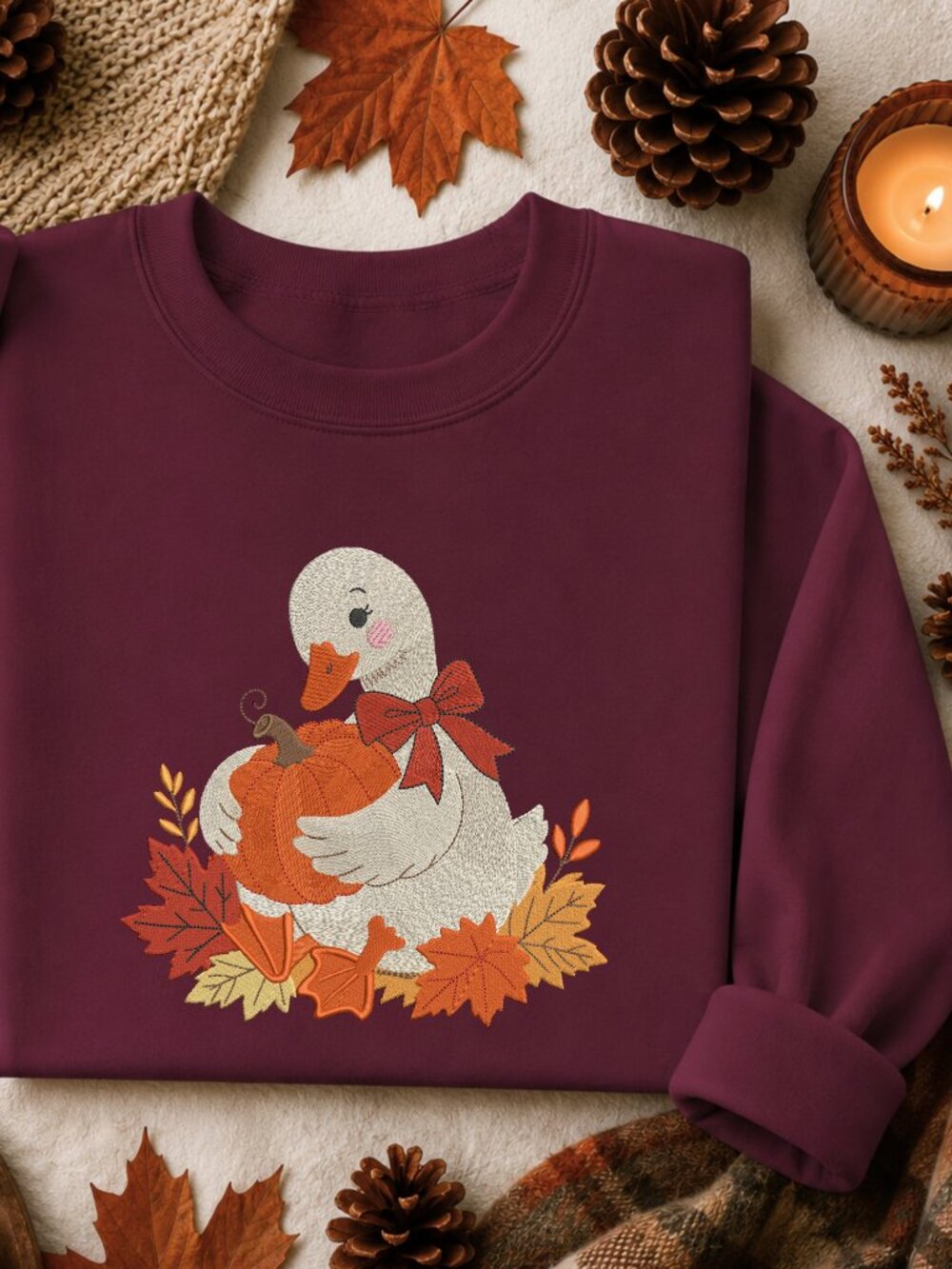 Fall Goose Sweatshirt Embroidered Unisex Crewneck Pumpkin Autumn Leaves Cozy